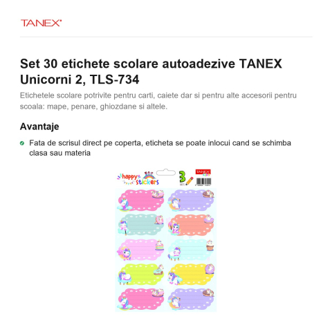 Set 30 etichete scolare autoadezive TANEX Unicorni 2, TLS-734 [1]