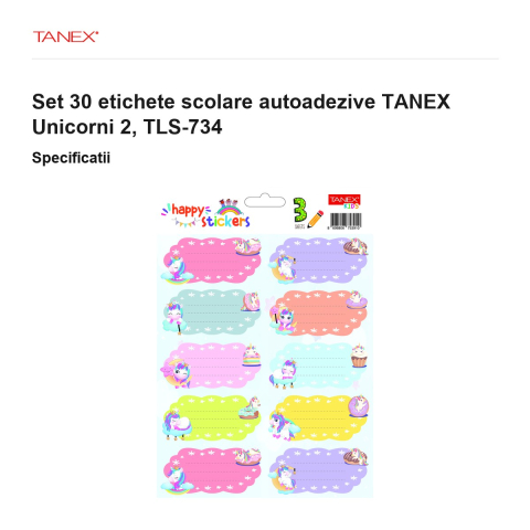 Set 30 etichete scolare autoadezive TANEX Unicorni 2, TLS-734 [2]