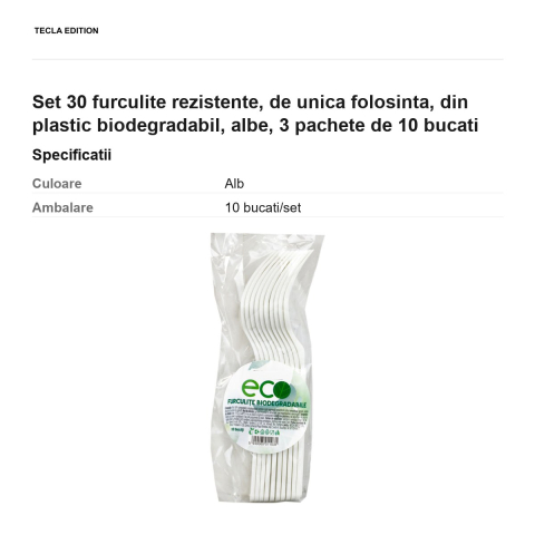 Set 30 furculite rezistente, de unica folosinta, din plastic biodegradabil, albe, 3 pachete de 10 bucati [2]