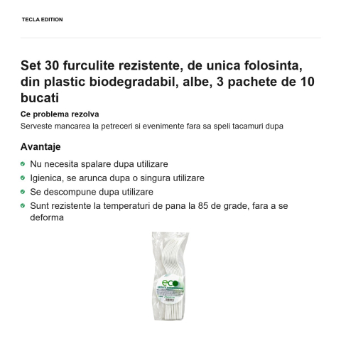 Set 30 furculite rezistente, de unica folosinta, din plastic biodegradabil, albe, 3 pachete de 10 bucati [1]