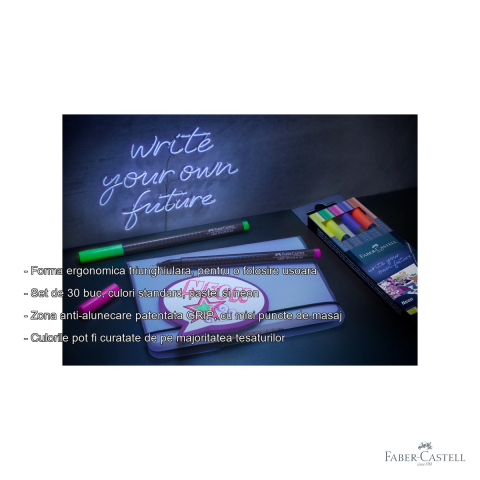Set 30 linere Faber-Castell Grip 0.4mm, forma ergonomica triunghiulara, culori standard, pastel si neon [1]
