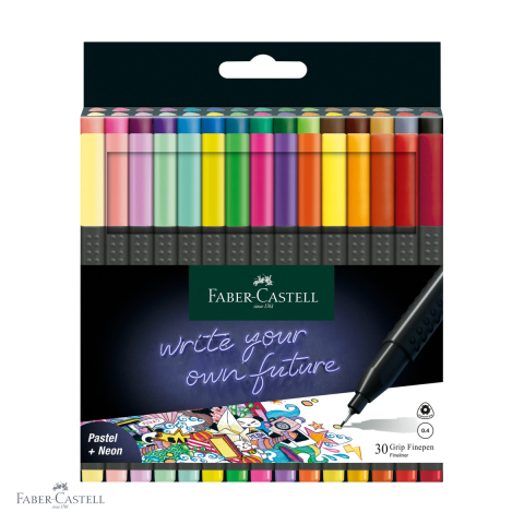 Linere - Set 30 linere Faber-Castell Grip 0.4mm, forma ergonomica triunghiulara, culori standard, pastel si neon