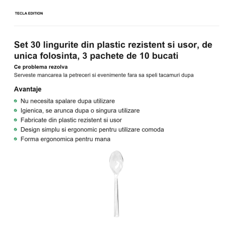 Set 30 lingurite din plastic rezistent si usor, de unica folosinta, 3 pachete de 10 bucati [1]