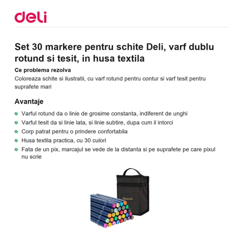 Set 30 markere pentru schite Deli, varf dublu rotund si tesit, in husa textila [1]