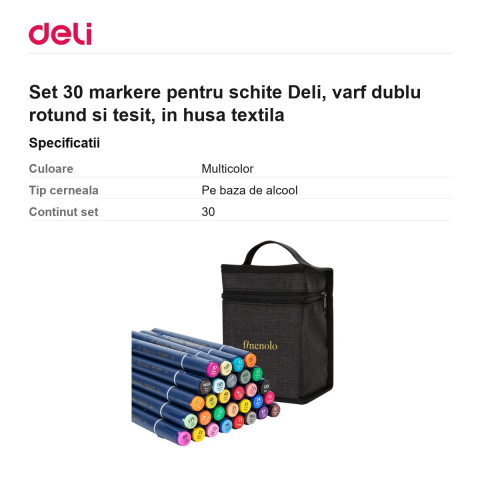 Set 30 markere pentru schite Deli, varf dublu rotund si tesit, in husa textila [2]