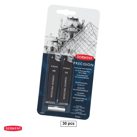 Birotica papetarie - Set 30 mine pentru creion mecanic Derwent Professional, 0.5 mm, 15 HB si 15 2B, cu 2 radiere de rezerva