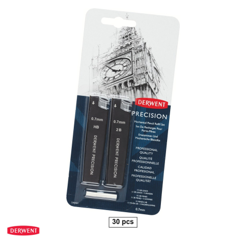 Birotica papetarie - Set 30 mine pentru creion mecanic Derwent Professional, 0.7 mm, 15 HB si 15 2B, cu 2 radiere de rezerva
