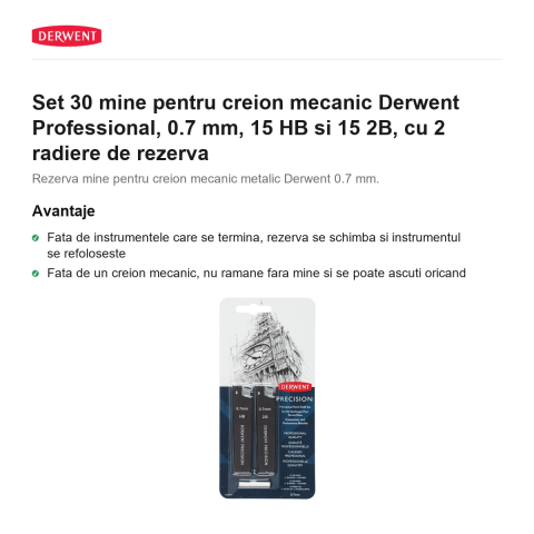 Set 30 mine pentru creion mecanic Derwent Professional, 0.7 mm, 15 HB si 15 2B, cu 2 radiere de rezerva [1]