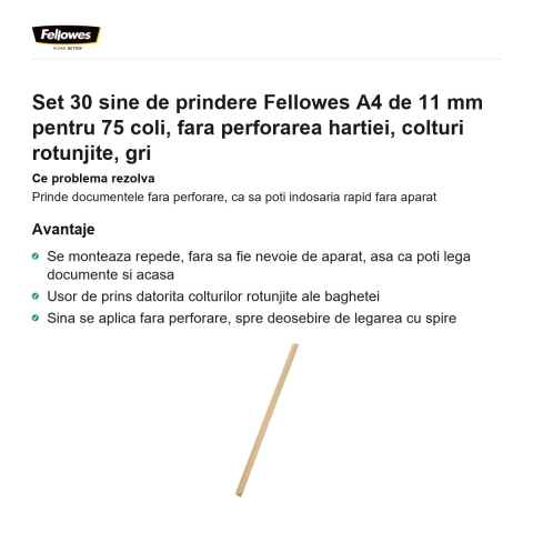 Set 30 sine de prindere Fellowes A4 de 11 mm pentru 75 coli, fara perforarea hartiei, colturi rotunjite, gri [1]