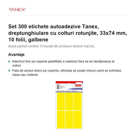 Set 300 etichete autoadezive Tanex, dreptunghiulare cu colturi rotunjite, 33x74 mm, 10 seturi, galbene [1]