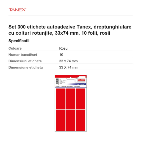 Set 300 etichete autoadezive Tanex, dreptunghiulare cu colturi rotunjite, 33x74 mm, 10 seturi, rosii [2]