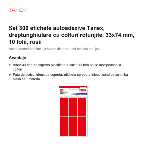Set 300 etichete autoadezive Tanex, dreptunghiulare cu colturi rotunjite, 33x74 mm, 10 seturi, rosii [1]