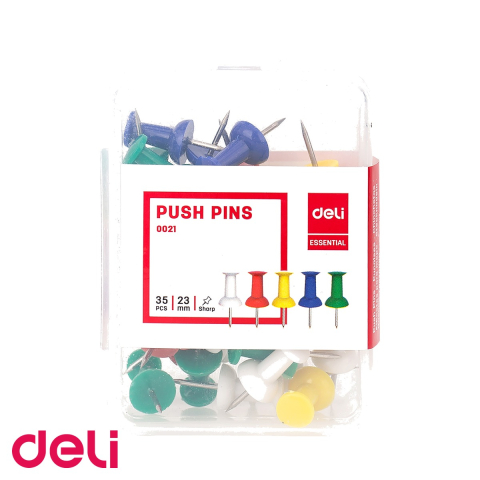 Pioneze si accesorii pentru fixare - Set 35 pioneze colorate Deli pentru panou pluta, dimensiune 23mm, diverse culori