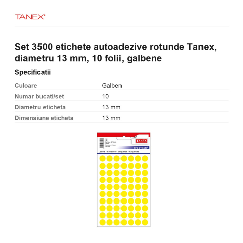 Set 3500 etichete autoadezive rotunde Tanex, diametru 13 mm, 10 seturi, galbene [2]