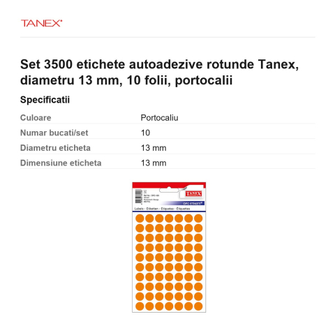 Set 3500 etichete autoadezive rotunde Tanex, diametru 13 mm, 10 seturi, portocalii [2]