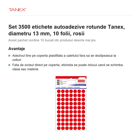 Set 3500 etichete autoadezive rotunde Tanex, diametru 13 mm, 10 seturi, rosii [1]