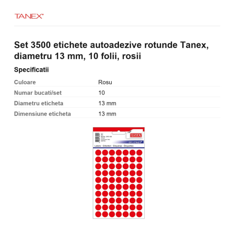 Set 3500 etichete autoadezive rotunde Tanex, diametru 13 mm, 10 seturi, rosii [2]