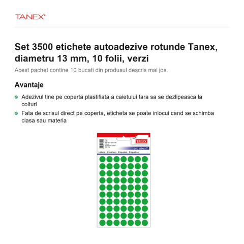 Set 3500 etichete autoadezive rotunde Tanex, diametru 13 mm, 10 seturi, verzi [1]