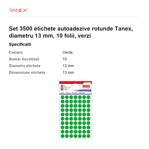 Set 3500 etichete autoadezive rotunde Tanex, diametru 13 mm, 10 seturi, verzi [2]