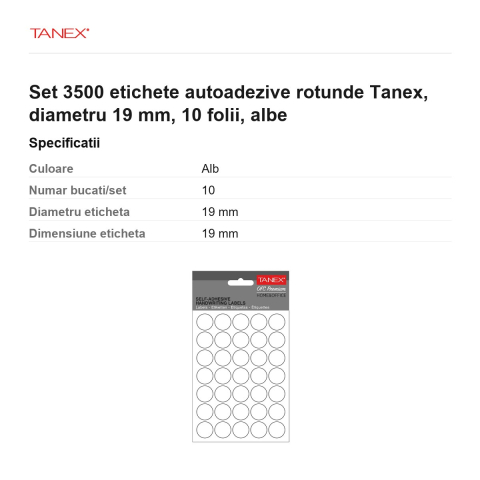 Set 3500 etichete autoadezive rotunde Tanex, diametru 19 mm, 10 seturi, albe [2]