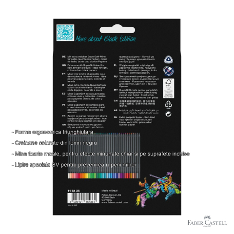 Set 36 creioane colorate Faber-Castell Black Edition, mina foarte moale, pentru desen artistic si suprafete inchise [1]