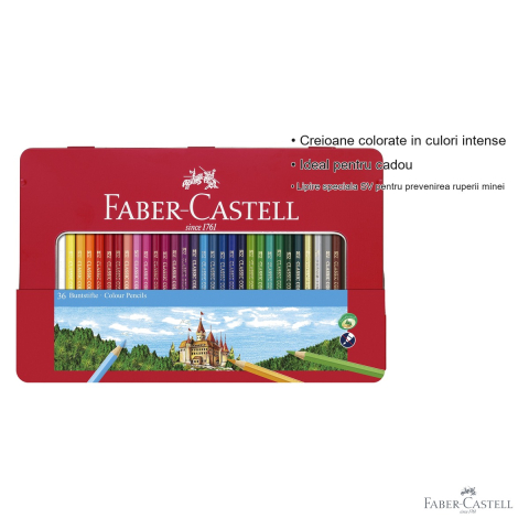 Set 36 creioane colorate Faber-Castell, cutie metalica cu fereastra, culori intense, ideal cadou [2]