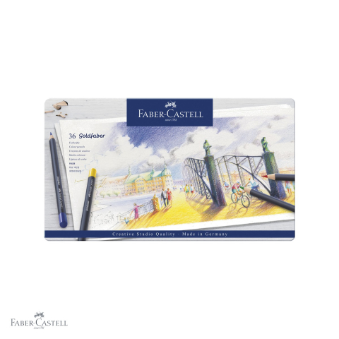 Creioane colorate permanente - Set 36 creioane colorate Faber-Castell Goldfaber, mina moale pigmenti rezistenti la lumina, cutie metal