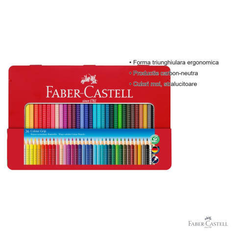 Set 36 creioane colorate Faber-Castell Grip 2001, solubile in apa, cutie metalica, pentru copii si elevi [2]