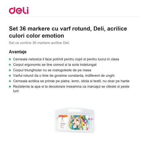 Set 36 markere cu varf rotund, Deli, acrilice culori color emotion [1]