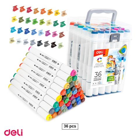 Handmade Creativ si Hobby - Set 36 markere pentru schite Deli Color Emotion, varf dublu rotund 1 mm si tesit 7 mm, in cutie de plastic