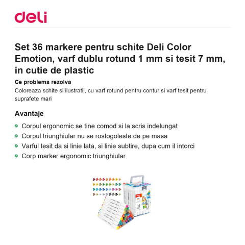 Set 36 markere pentru schite Deli Color Emotion, varf dublu rotund 1 mm si tesit 7 mm, in cutie de plastic [1]