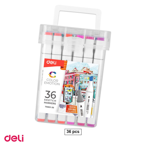 Handmade Creativ si Hobby - Set 36 markere pentru schite Deli Sketch, varf dublu rotund 1 mm si tesit 7 mm, in cutie de plastic