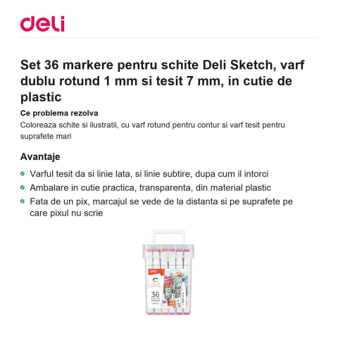 Set 36 markere pentru schite Deli Sketch, varf dublu rotund 1 mm si tesit 7 mm, in cutie de plastic [1]