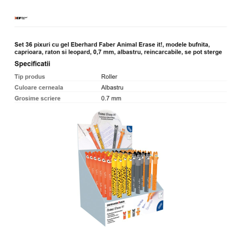 Set 36 pixuri cu gel Eberhard Faber Animal Erase it!, modele bufnita, caprioara, raton si leopard, 0,7 mm, albastru, reincarcabile, se pot sterge [2]