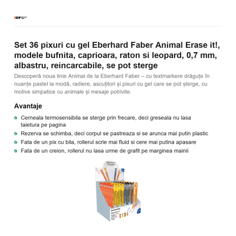 Set 36 pixuri cu gel Eberhard Faber Animal Erase it!, modele bufnita, caprioara, raton si leopard, 0,7 mm, albastru, reincarcabile, se pot sterge [1]