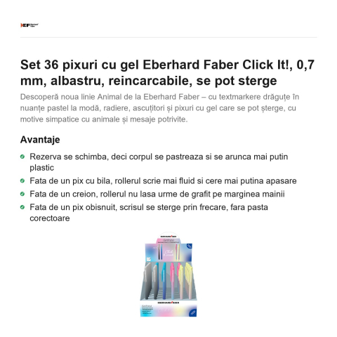 Set 36 pixuri cu gel Eberhard Faber Click It!, 0,7 mm, albastru, reincarcabile, se pot sterge [1]