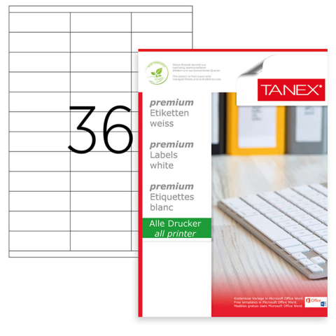 Birotica papetarie - Set 3600 etichete autoadezive A4, 100 coli, 36 etichete/coala, 70x23 mm, albe, colturi drepte, pentru imprimante laser si inkjet, Tanex TW-2433