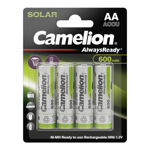 Acumulator R6 / AA - Set 4 Acumulatori AA Reincarcabili Camelion Solar Ni-MH 600mAh, Preincarcati, Pentru Dispozitive cu Consum Redus, Blister