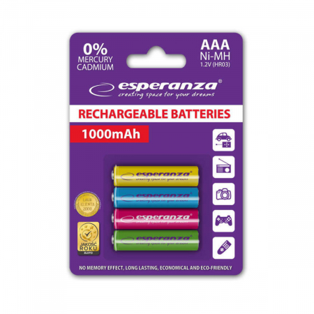Baterii acumulatori standard - Set 4 acumulatori AAA R3 Esperanza 92343, 1000mAh, Ni-MH, 1.2V, reincarcabili, multicolor
