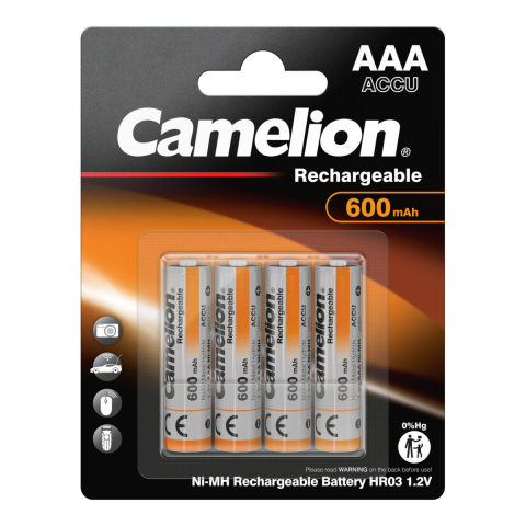 Acumulator R3 / AAA - Set 4 Acumulatori AAA Reincarcabili Camelion Ni-MH 600mAh, Preincarcati, Cu Descarcare Lenta, Pentru Telecomenzi, Mouse-uri, Becuri Solare, Blister