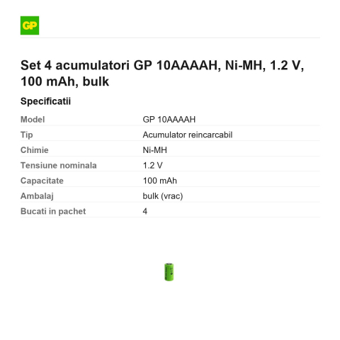 Set 4 acumulatori GP 10AAAAH, Ni-MH, 1.2 V, 100 mAh, bulk [2]