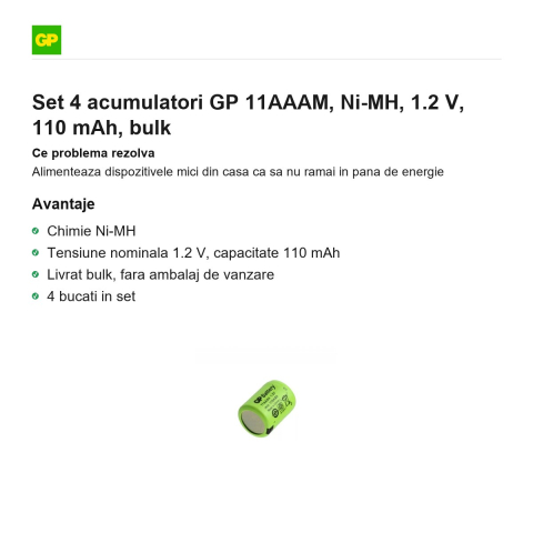 Set 4 acumulatori GP 11AAAM, Ni-MH, 1.2 V, 110 mAh, bulk [1]