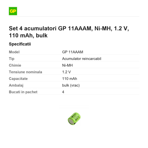 Set 4 acumulatori GP 11AAAM, Ni-MH, 1.2 V, 110 mAh, bulk [2]