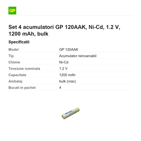 Set 4 acumulatori GP 120AAK, Ni-Cd, 1.2 V, 1200 mAh, bulk [2]