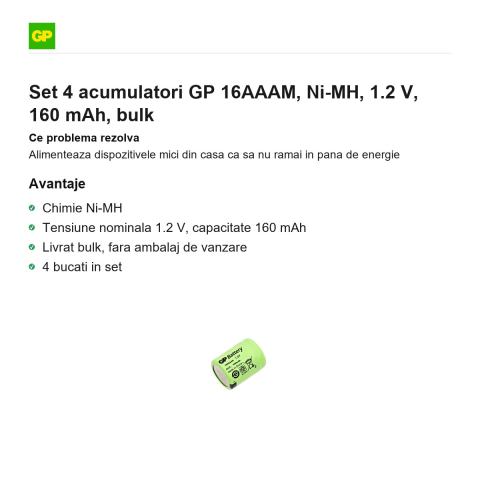 Set 4 acumulatori GP 16AAAM, Ni-MH, 1.2 V, 160 mAh, bulk [1]