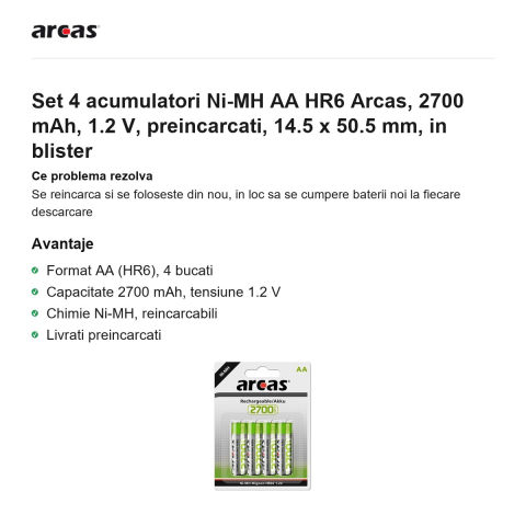 Set 4 acumulatori Ni-MH AA HR6 Arcas, 2700 mAh, 1.2 V, preincarcati, 14.5 x 50.5 mm, in blister [1]
