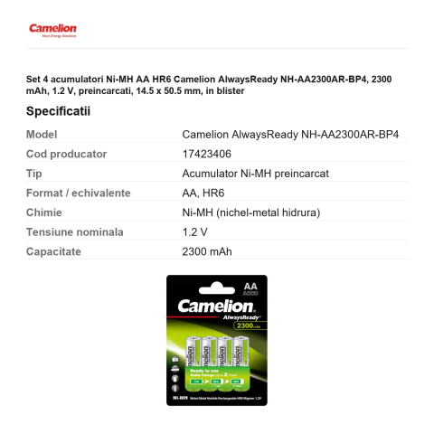 Set 4 acumulatori Ni-MH AA HR6 Camelion AlwaysReady NH-AA2300AR-BP4, 2300 mAh, 1.2 V, preincarcati, 14.5 x 50.5 mm, in blister [2]