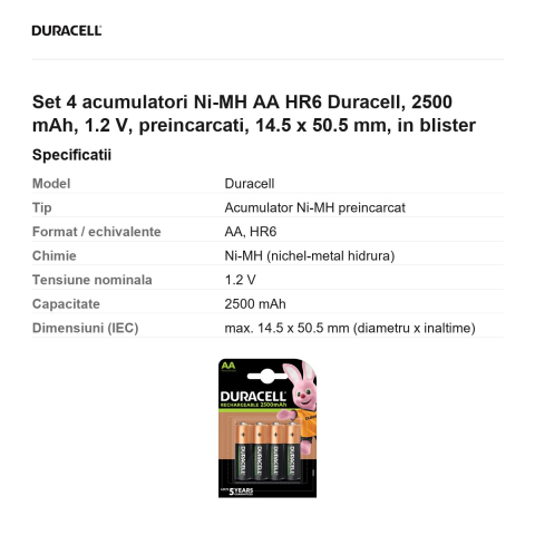 Set 4 acumulatori Ni-MH AA HR6 Duracell, 2500 mAh, 1.2 V, preincarcati, 14.5 x 50.5 mm, in blister [2]