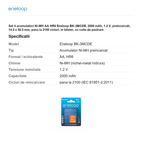 Set 4 acumulatori Ni-MH AA HR6 Eneloop BK-3MCDE, 2000 mAh, 1.2 V, preincarcati, 14.5 x 50.5 mm, pana la 2100 cicluri, in blister, cu cutie de pastrare [2]