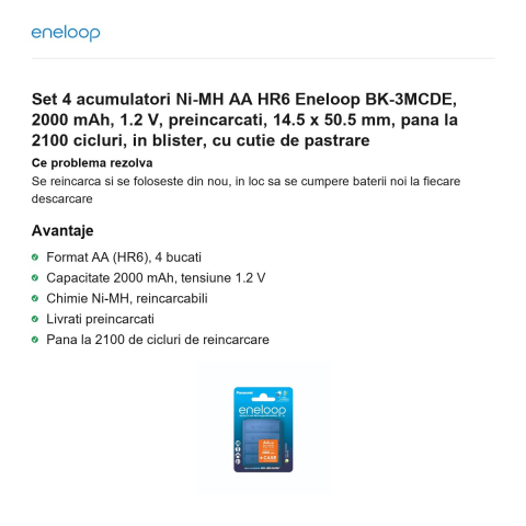 Set 4 acumulatori Ni-MH AA HR6 Eneloop BK-3MCDE, 2000 mAh, 1.2 V, preincarcati, 14.5 x 50.5 mm, pana la 2100 cicluri, in blister, cu cutie de pastrare [1]